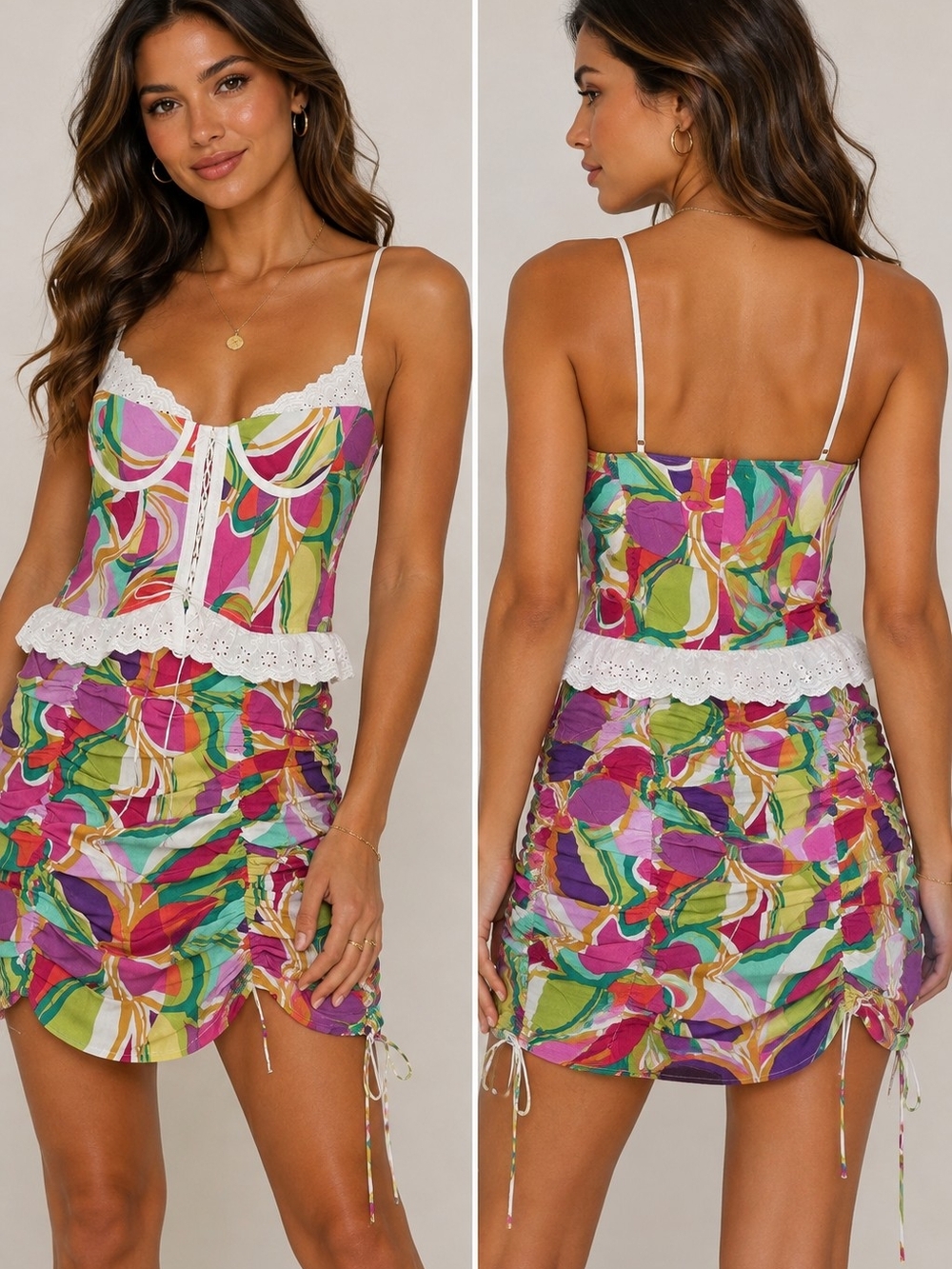 Sky To Moon Corset Ruched Mini Dress Ruffle Trim Adjustable Straps Size Medium
